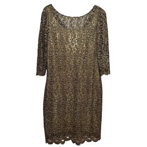 Kay Unger Plus Size 16W Metallic Gold Slip Dress Silk Lace Overlay